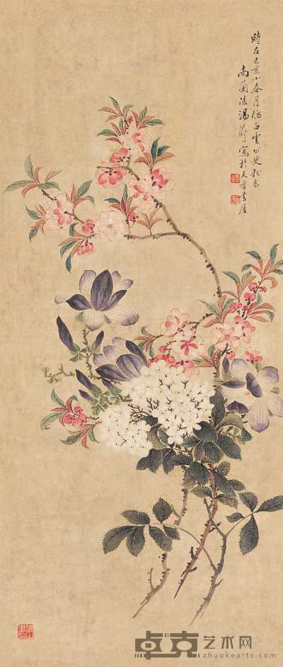 汤世澍 己亥（1899年）作 花卉 立轴 79.2×33.8cm